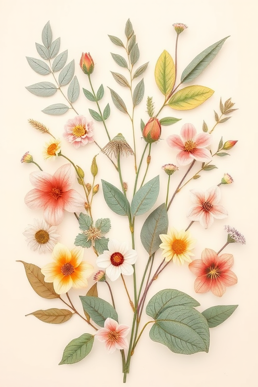 Create a detailed botanical illustration featuring various leaves and flowers in pastel colors on a soft cream background, shot with a DSLR camera at f/8, ISO 100, 50mm lens, top-down view, using natural light for clarity and vibrant colors.