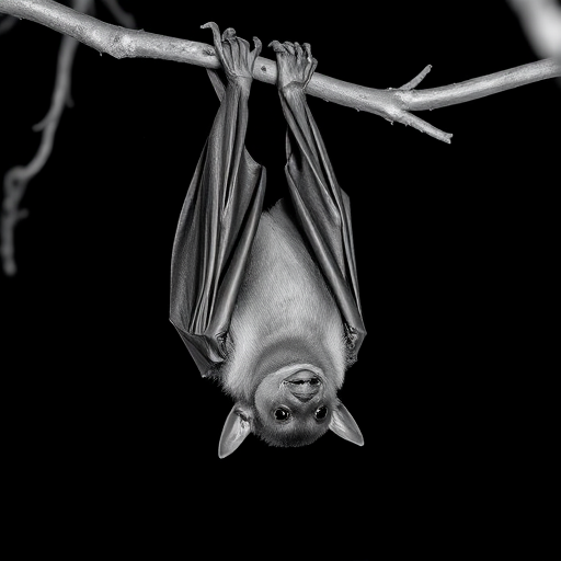 Generate a high-resolution monochrome image of a bat hanging upside down from a branch, using a 50mm lens at f/1.8, ISO 200, shutter speed 1/125s, shot from a low angle to enhance details, employing a DSLR camera in natural light for optimal contrast and texture.