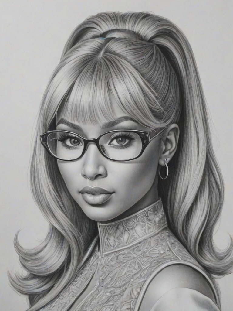 Comely Nicki Minaj, pencil sketch, portrait of Magnificent woman 1937s in glasses, hair style beatnik, outline, clear lines, fine lines, 8k