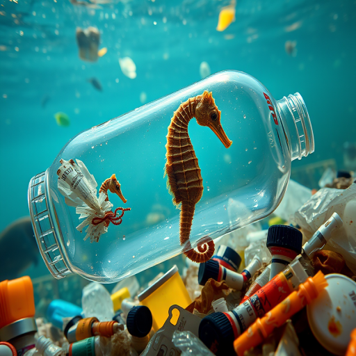 Regenerate an image of a seahorse trapped in a plastic bottle underwater surrounded by garbage, use a Canon EOS R5 camera with a 24-70mm lens, aperture f/8, shutter speed 1/250s, ISO 200, underwater perspective, and vivid color saturation for enhanced quality.