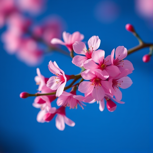 Create a high-resolution digital artwork of a cherry blossom branch with vibrant pink flowers on a deep blue gradient background, using a Canon EOS 5D Mark IV with a 50mm f/1.8 lens, aperture set to f/2.8, ISO 100, and a shallow depth of field to enhance focus on the blossoms.