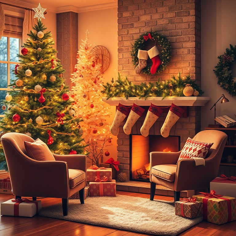 Create a warm and inviting holiday scene featuring a beautifully decorated Christmas tree with twinkling lights, stockings hung above a cozy fireplace, and festive decorations around the room. Include a comfortable armchair and a soft rug on the floor, with gift boxes wrapped in colorful paper nearby. The overall atmosphere should be cheerful and magical, evoking the spirit of the holiday season.