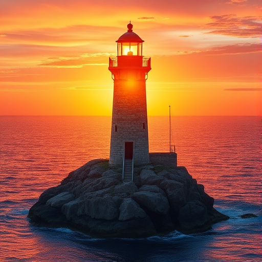 Generate an image of a tall lighthouse perched on a rocky outcrop surrounded by calm ocean waters during a breathtaking sunset. The lighthouse stands sturdy and weathered, its stone surface illuminated by the warm golden light of the setting sun. The sun's rays pass directly through the glass lantern room at the top of the lighthouse, casting a brilliant light across the scene. The sky is painted with vibrant shades of orange, pink, and purple, reflecting off the tranquil sea. The surrounding water shimmers with the same warm hues, creating a serene and majestic atmosphere.