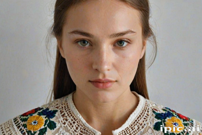 Face, shoulders, chest covered in openwork Ukrainian embroidery. Raw, unedited image.