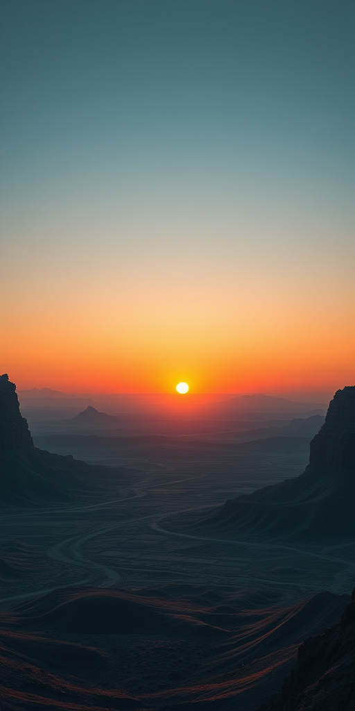 Create a realistic depiction of an alien landscape featuring mountains and craters under a twilight sky, with a distant sun rising, using a full-frame DSLR camera, 24mm focal length, f/11 aperture, ISO 100, HDR settings for enhanced detail, and a wide-angle view to capture the vastness of the scene.