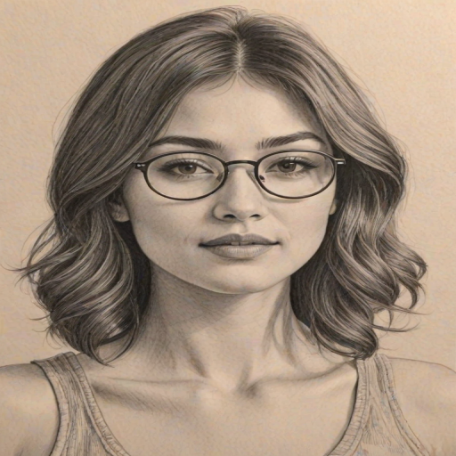 Delightful Daniella Pineda, pencil sketch, portrait of Fascinating woman 1973s in glasses, hair style beatnik, outline, clear lines, fine lines, 8k