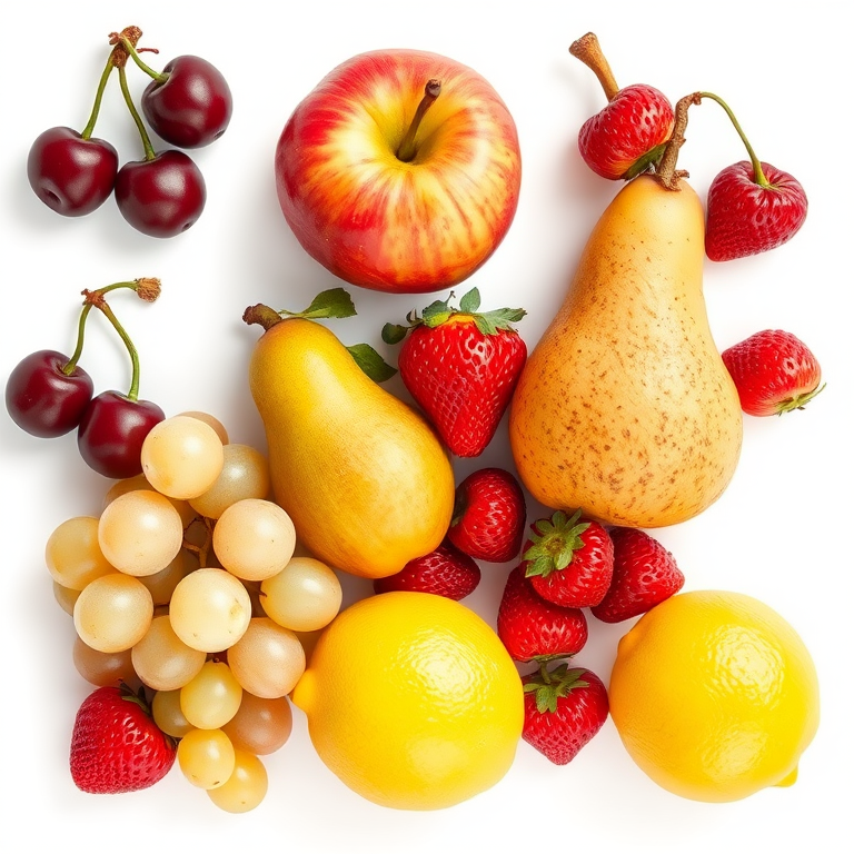 Create a high-resolution digital illustration of assorted fruits including an apple, cherries, a pear, strawberries, grapes, and a lemon, using a DSLR camera with a 50mm lens, f/2.8 aperture, and soft natural lighting, captured from a top-down view to enhance texture and detail.