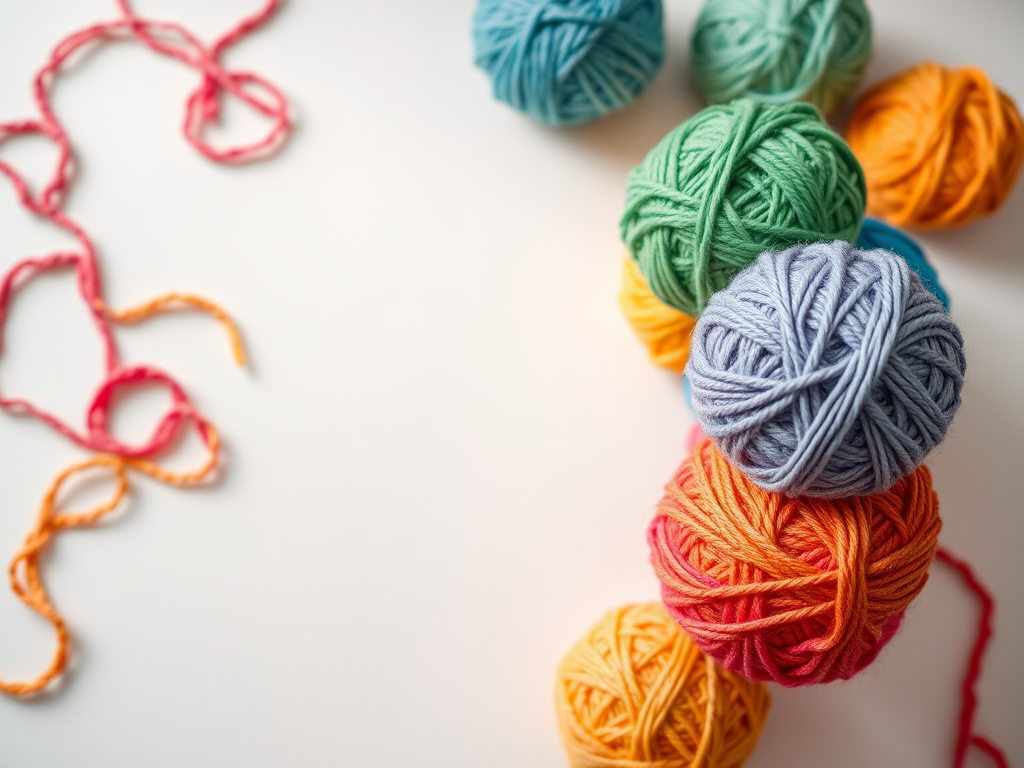 Colorful yarn balls stacked artistically on a white surface, soft natural lighting, focal length 50mm, aperture f/1.8, ISO 200, shallow depth of field, DSLR camera, top-down view, macro photography style.
