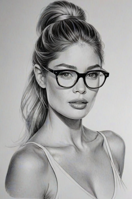 Exquisite Doutzen Kroes, pencil sketch, portrait of Stunning woman 1973s in glasses, hair style beatnik, outline, clear lines, fine lines, 8k