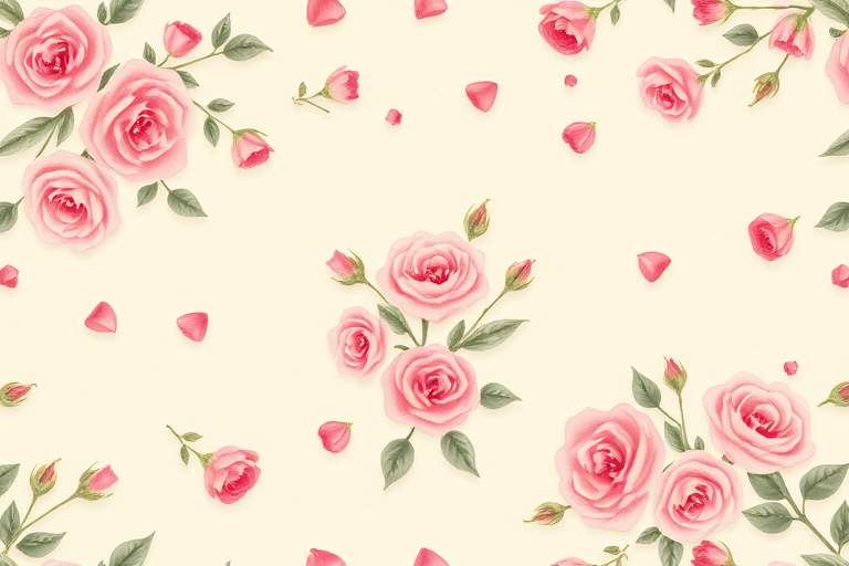 Create a seamless floral pattern with small pink roses and buds scattered on a light beige textured background. The design should have a delicate and vintage feel with a balanced arrangement of flowers and leaves.