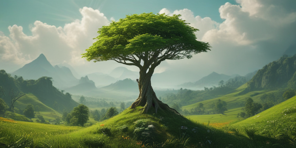 Majestic Tree at the Center of a Serene Mountain Landscape
