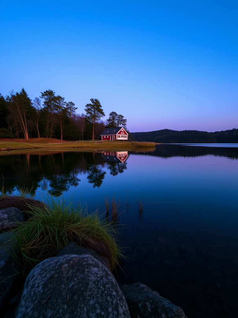 Capture a serene lakeside scene at dusk with a small house reflecting on calm waters, using a DSLR camera with a 24mm lens, ISO 200, f/8 aperture, and a shutter speed of 1/125 sec, taking the shot from a low angle to emphasize the reflection and surrounding trees.