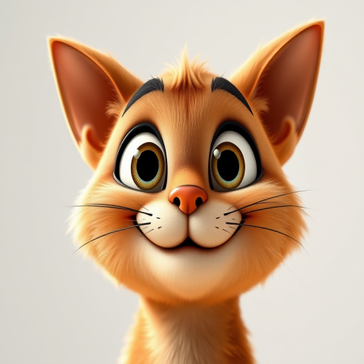 Create a high-resolution cartoon image of a smiling brown cat with exaggerated features and large eyes, using a digital camera at f/2.8 aperture, ISO 100, 24mm lens, taken in a bright studio setting for enhanced vibrancy and clarity.