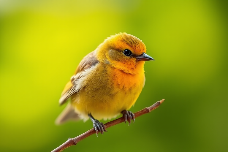 A vibrant close-up of a yellow-green bird perched on a delicate branch with a softly blurred green background, captured with a Canon EOS R5, 100mm f/2.8 macro lens, aperture f/2.8, shutter speed 1/200s, ISO 200, natural light for enhanced depth and detail.