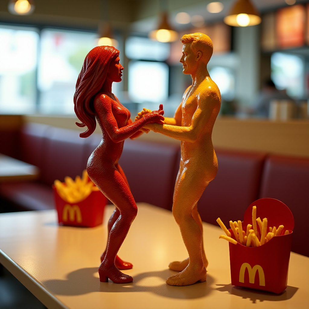 A hyperdetailed image of a woman made entirely of ketchup dancing with a stick figure man made of french fries, placed on a table at a McDonald's restaurant. Add a McDonald's french fry box and some open, empty ketchup packets to the table.