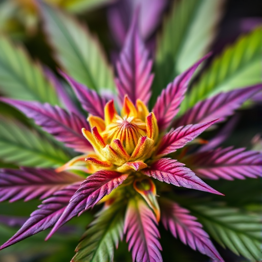 close-up shot of a vibrant cannabis flower surrounded by purple and green leaves, natural lighting, aperture f/2.8, ISO 100, 50mm lens, macro photography, DSLR camera