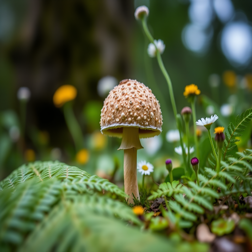 Capture a close-up of a textured mushroom standing among green ferns and wildflowers in a blurred natural setting, aperture f/2.8, shutter speed 1/250 sec, ISO 100, shot with a DSLR at a low angle to emphasize depth of field and enhance detail.