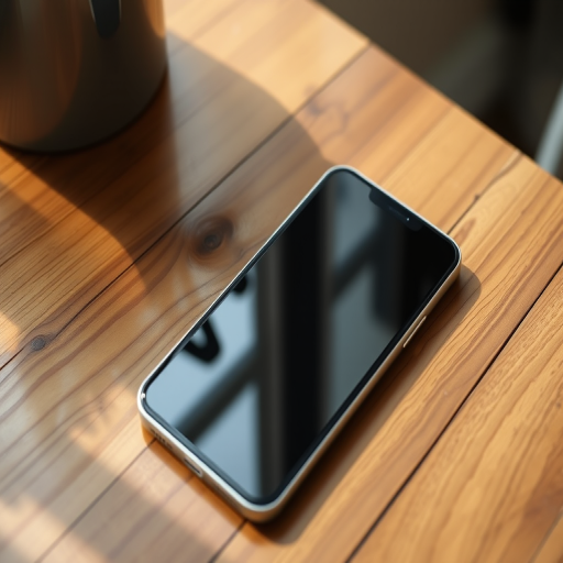 Create a high-resolution image of a sleek modern smartphone laying on a wooden table with a soft light effect, using a 50mm lens at f/1.8, ISO 100, and capturing from an overhead angle in natural lighting.