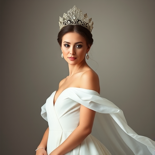 Create an elegant portrait of a woman wearing a flowing white gown and a decorative crown, captured with a DSLR camera at f/2.8, 1/125s, ISO 100, with a soft-focus background using a 50mm lens from a slightly low angle to enhance her stature and elegance.