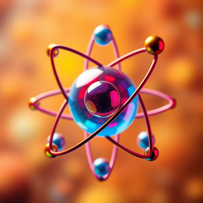create a vibrant 3D rendering of an atom with colorful orbits and spheres, using a Canon EOS 5D Mark IV, 50mm lens, f/2.8 aperture, ISO 100, shot in HDR mode from a slightly elevated angle to enhance detail and clarity