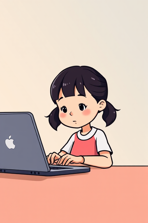 Create a high-resolution vector illustration of a cartoon girl with pigtails typing on a laptop, set against a soft gradient background, using a DSLR camera with a 50mm lens, f/2.8 aperture, ISO 100, and a shallow depth of field to enhance focus on the character while softly blurring the background.