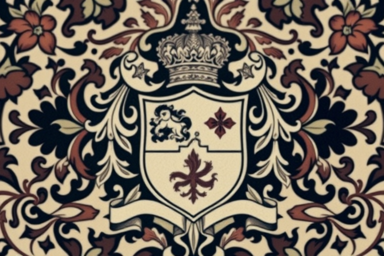 Design a vintage heraldic crest with intricate floral and abstract patterns in the background, using a Canon EOS R5 with a 50mm f/1.2 lens, aperture set to f/4 for depth of field, ISO 100 for clarity, and a soft, diffused lighting setup to enhance details and textures.