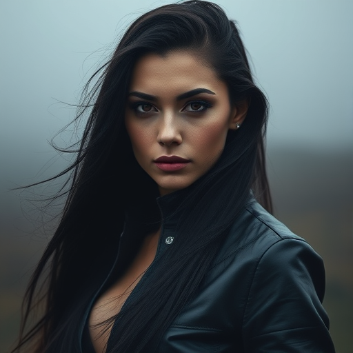 Create a high-contrast, detailed portrait of a mysterious woman with long flowing black hair, wearing a dark leather outfit, set in a foggy landscape, shot with a Canon EOS R5, 50mm lens at f/1.8, ISO 100, with dramatic lighting to enhance shadows and highlights.