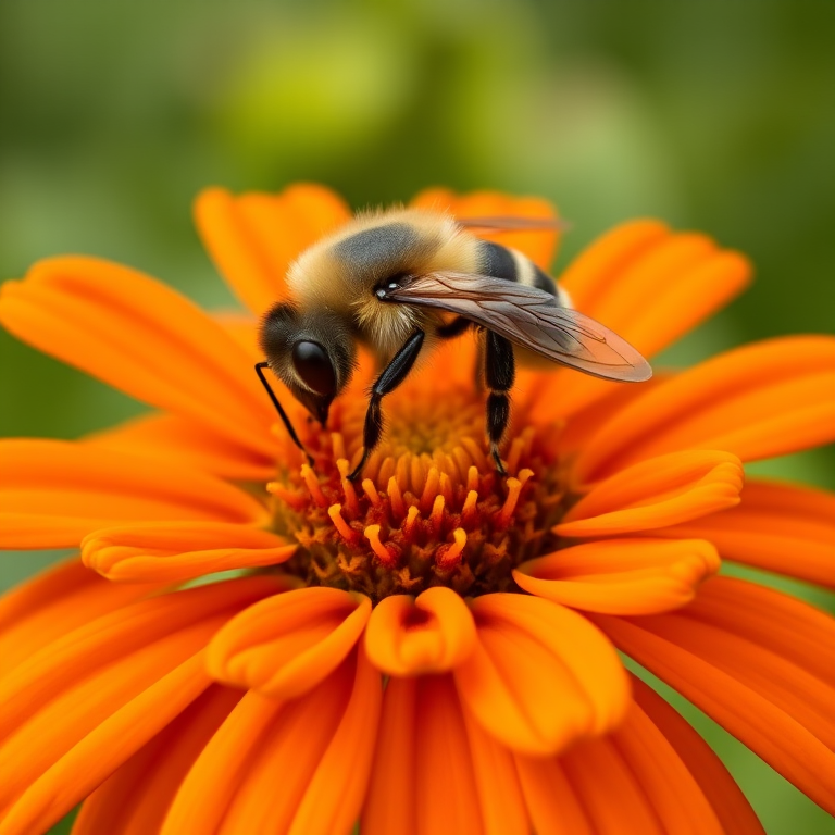 a close-up of a bee on a vibrant orange marigold flower with a soft-focus green background