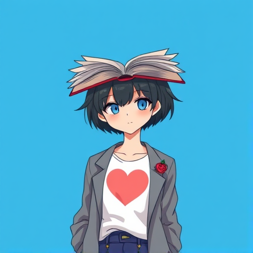 Create an illustration of a character with an open book for a head, wearing a casual shirt with a heart design, a grey blazer, and a single rose pin, against a bright blue background, using a Canon EOS R5 camera with a 50mm lens, aperture set to f/2.8, shutter speed 1/200s, and ISO 100 for vibrant colors and sharp details.