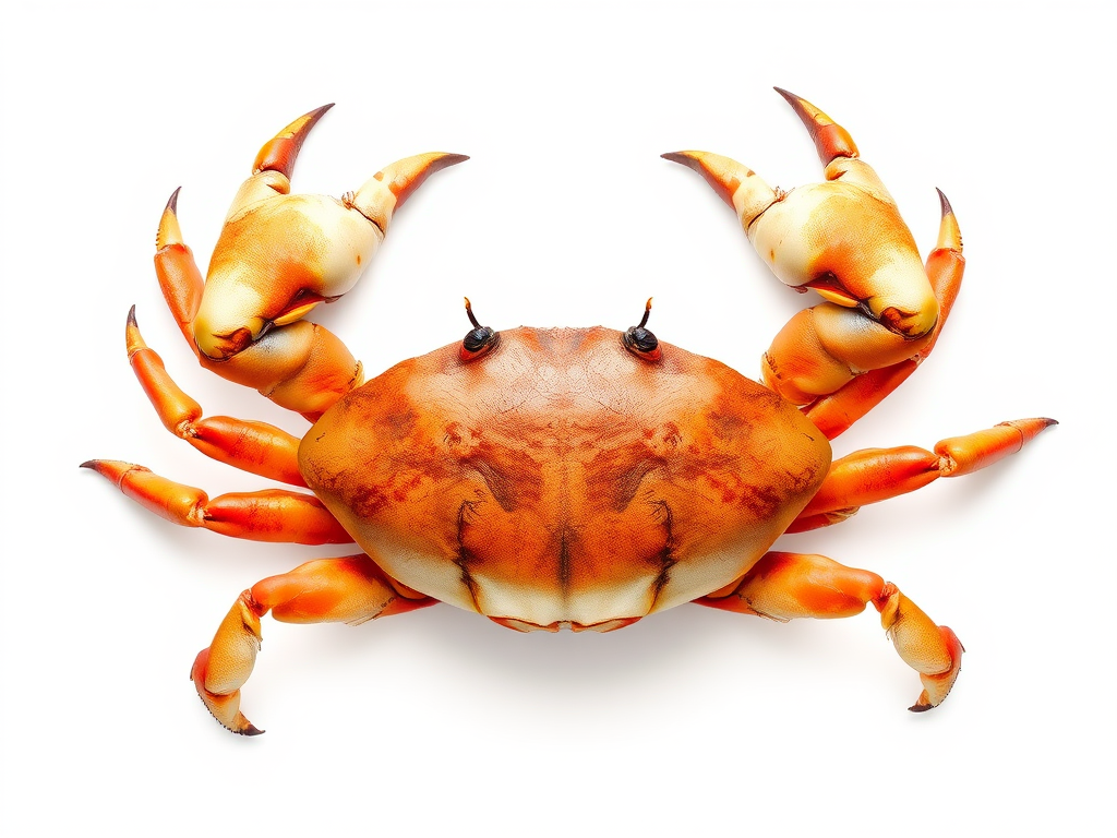 Create a detailed illustration of a crab on a white background, using a DSLR camera with a 50mm lens at f/8 aperture, ISO 100, and a shutter speed of 1/125s, focused on the crab from a top-down view to emphasize its shape and texture.