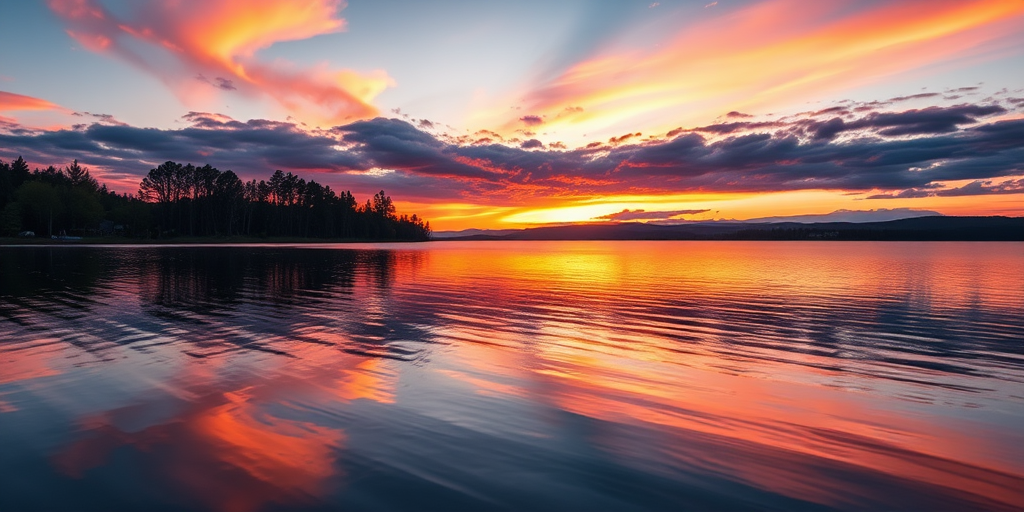 Create a high-resolution image of a scenic sunset over a calm lake with vibrant colors, using a DSLR camera, 24mm lens, f/8 aperture, ISO 100, 1/200 seconds exposure, with a wide-angle view and soft focus.