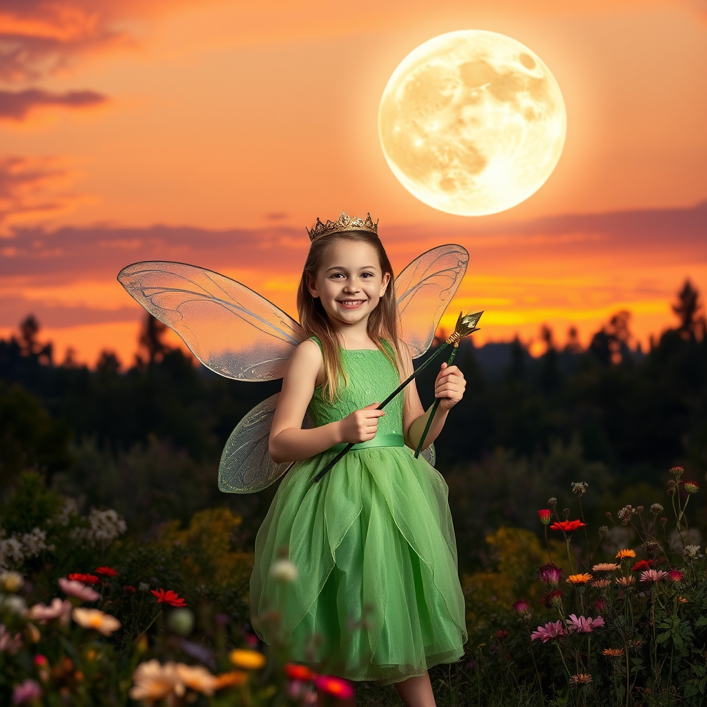 A vivid photo  taken under a bright camera flash of a fantastical scene set against a backdrop of a forest during sunset. The main subject is a girl dressed as a fairy, adorned with translucent wings and a green dress, holding a wand, her face is happy, and she wears a crown on her head. The forest behind her is a blend of flowers, shrubs and trees. The sky is painted in hues of orange and pink, with a large, glowing moon casting a warm glow over the scene. The overall color palette is dominated by earthy tones.