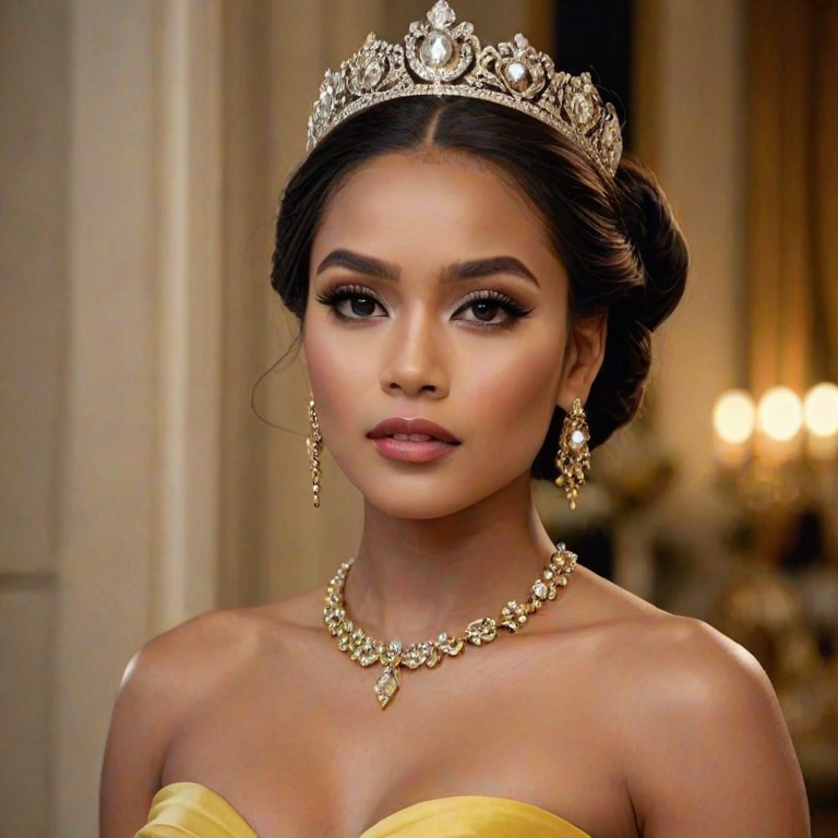 A gorgeous Zambo woman in a luxurious Yellow gown, accessorized with a dazzling tiara and statement earrings, her deep black eyes highlighted by impeccable makeup, poised in a royal setting, photorealistic, 8K quality