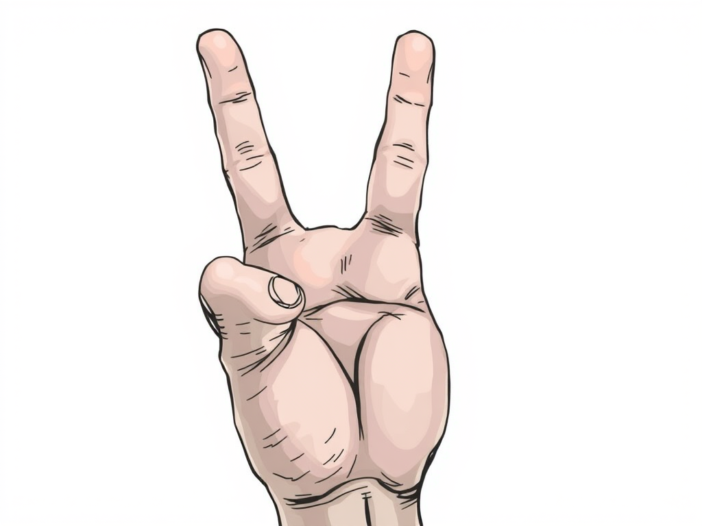 Create a detailed illustration of a hand making the rock-on gesture, using a high-resolution digital camera with settings of ISO 100, aperture f/2.8, and shutter speed 1/250s, taken from a close-up perspective with a soft focus background to enhance the hand's details and texture.