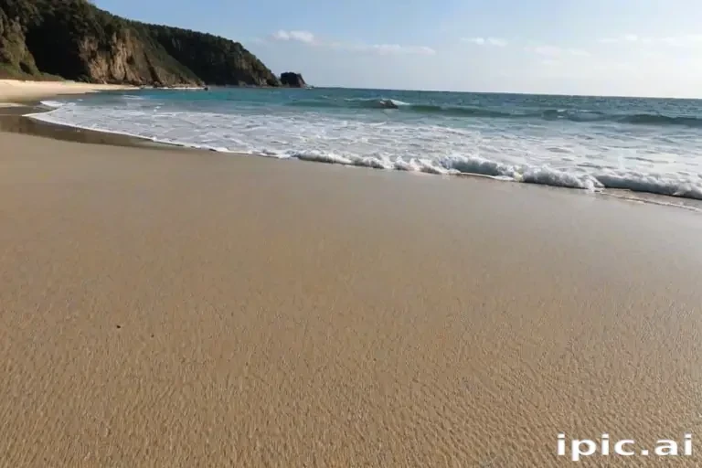 Tranquil Beach Scene with Gentle Waves Lapping Against Golden Sand
