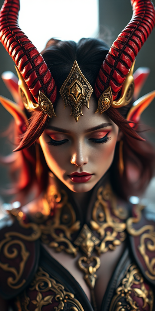 fantasy character with red and gold horns and intricate costume, serene expression, studio lighting, shallow depth of field, close-up view, Canon EOS R5, 50mm f/1.2 lens, ISO 100, f/1.2, 1/250s, vivid colors and fine details