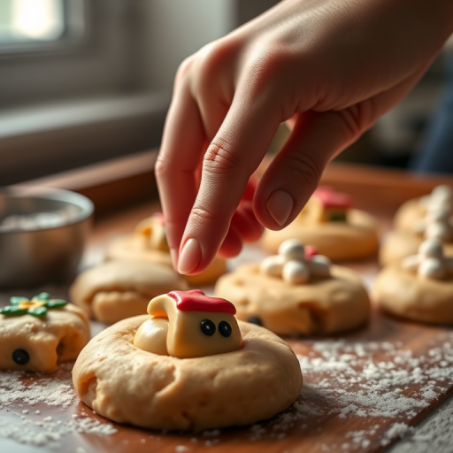 Create an image of a hand delicately placing decorations on freshly made cookie dough, captured with a Canon EOS 5D Mark IV using a 50mm f/1.8 lens, aperture set to f/2.8, ISO 400, shutter speed 1/60 sec, in soft natural light, focusing on the details of the cookie dough and the hand.