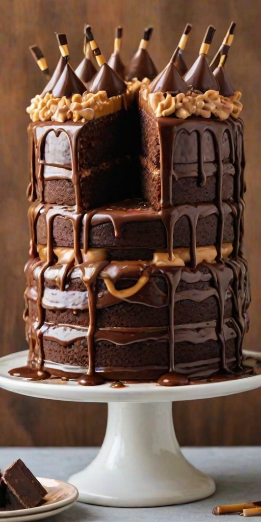 Create an image of a multi-layered chocolate cake with a rich frosting, topped with chocolate bars and drizzled caramel. The cake should be sliced to reveal its moist layers, and it should be displayed on a white cake stand with a simple background.