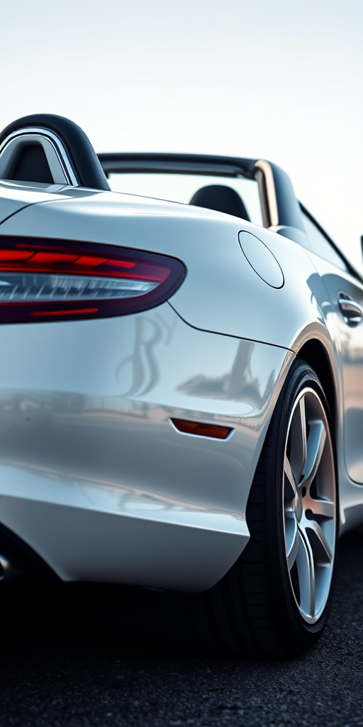 Create a high-resolution image of a white convertible Mercedes-Benz SLK from a low-angle side view, with a focus on sleek lines and shiny details, using a Canon EOS R5 camera, aperture f/2.8, ISO 100, 24mm lens, set in natural daylight for optimal brightness and clarity.