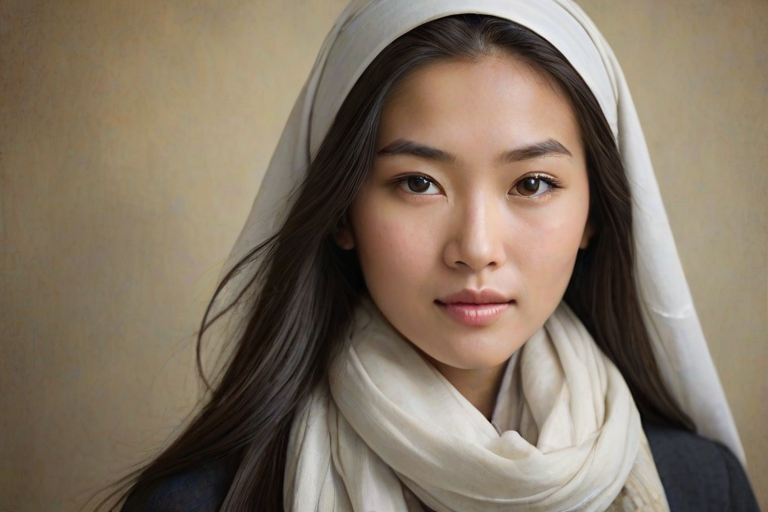Create a portrait of a young Mongolian woman with long, dark hair and captivating hazel eyes. She is wearing a white headscarf and a matching scarf draped gracefully around her neck. The background is softly blurred, focusing attention on her serene and natural expression. The overall color palette is muted and warm, enhancing the intimate and authentic feel of the portrait.