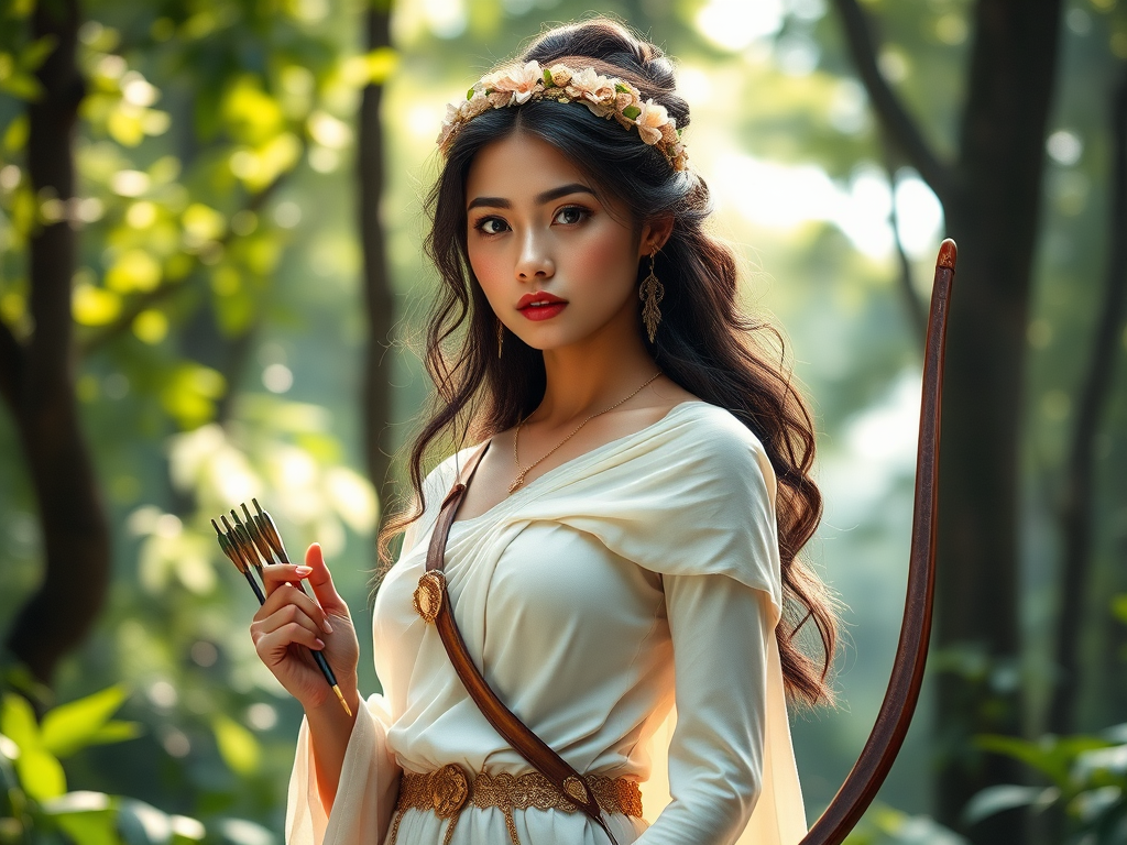 Create a portrait of a goddess-like Malay girl figure in a tranquil, forested environment. She has an elegant appearance with long, wavy hair styled in an updo and adorned with a delicate, floral headband. She wears a flowing, ancient Greek-inspired gown in a soft, pale color, featuring a one-shoulder design and draped fabric that accentuates her graceful form. The outfit includes a decorative belt with ornate gold detailing, and she holds a bow in her hand, with a quiver of arrows slung over her shoulder. The background depicts lush greenery, with sunlight filtering through the trees, casting a gentle, ethereal light on the scene. Her expression is calm and contemplative, embodying a sense of wisdom and serenity.