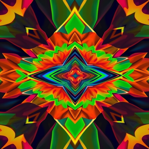 Create a vibrant and intricate geometric design featuring a swirling pattern at the center with a diamond shape, using a digital illustration style, shot with a Canon EOS 5D Mark IV at f/8, ISO 100, 50mm lens, natural lighting, and a clean, minimalistic background for enhanced focus.