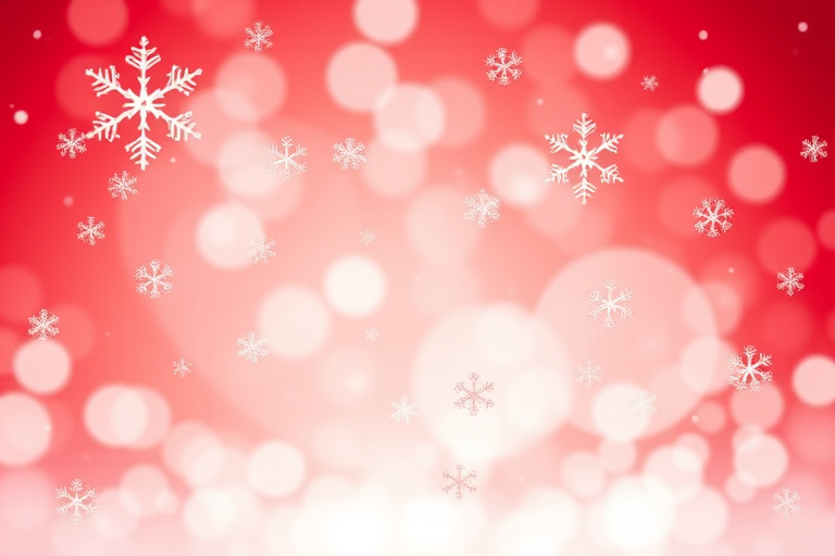 Create a festive background featuring a red color palette with varying sizes of snowflakes scattered throughout. Include soft bokeh effects to enhance the winter atmosphere.