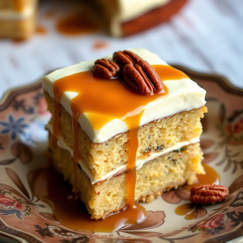 A slice of moist cake layered with creamy frosting, topped with caramel sauce and garnished with pecans, set on a decorative plate with a rustic background.