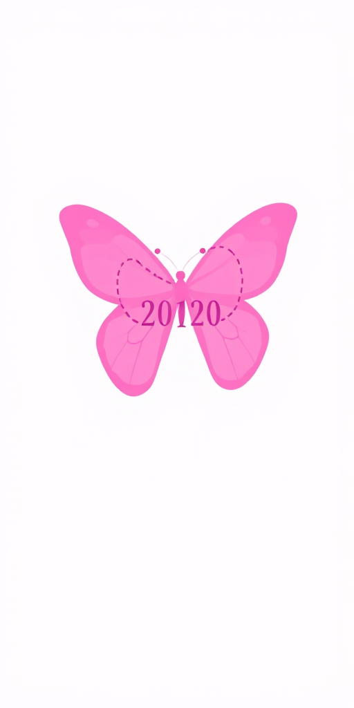 Create a clean and simple design featuring the year "2020" in large, bold font, accompanied by a pink butterfly with a dotted line forming a heart shape around it, using a high-resolution digital camera with a 50mm lens, f/2.8 aperture, ISO 100, and natural lighting.