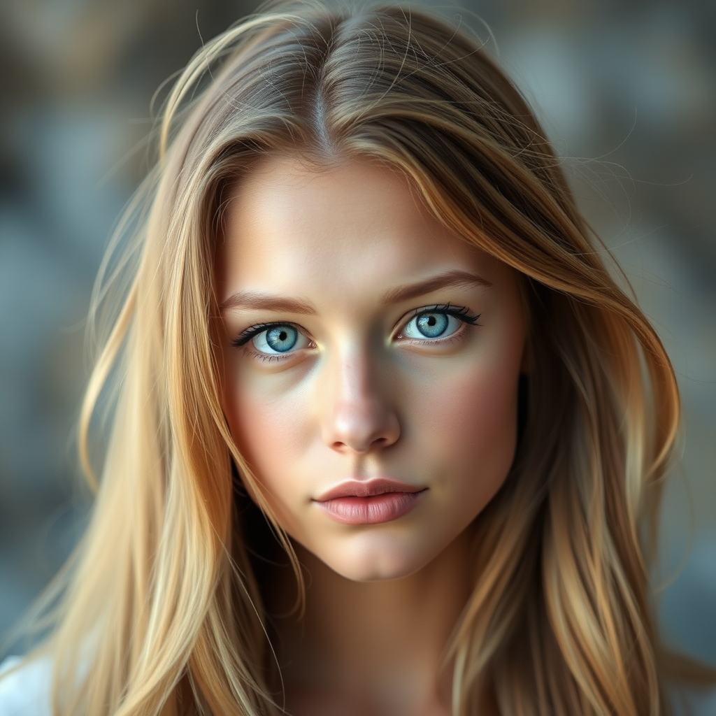 portrait of a young woman with long flowing blonde hair and striking blue eyes, soft focus background, taken with a Canon EOS R5, 50mm lens, aperture f/1.8, shutter speed 1/200s, natural light, high dynamic range
