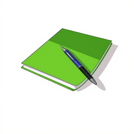 Create an illustration of a notebook and pen, featuring a vivid green notebook with a pen resting beside it, shot in a clean, minimalistic style, using a DSLR camera, with a 50mm lens, f/2.8 aperture, ISO 200, and soft natural lighting to enhance the details and colors.