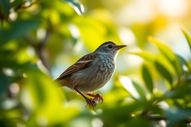 captured with a DSLR camera, 50mm lens, aperture f/2.8, ISO 100, shutter speed 1/200s, shot from a low angle to highlight the bird among the leaves in natural sunlight, focus on the bird with a blurred background to enhance depth of field