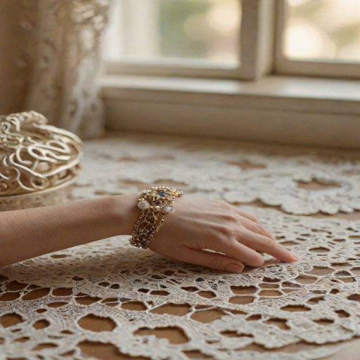 Close-up of a delicate bracelet resting on a lace doily, soft afternoon light from a nearby window illuminating the intricate details, with a vintage jewelry box softly blurred in the background.