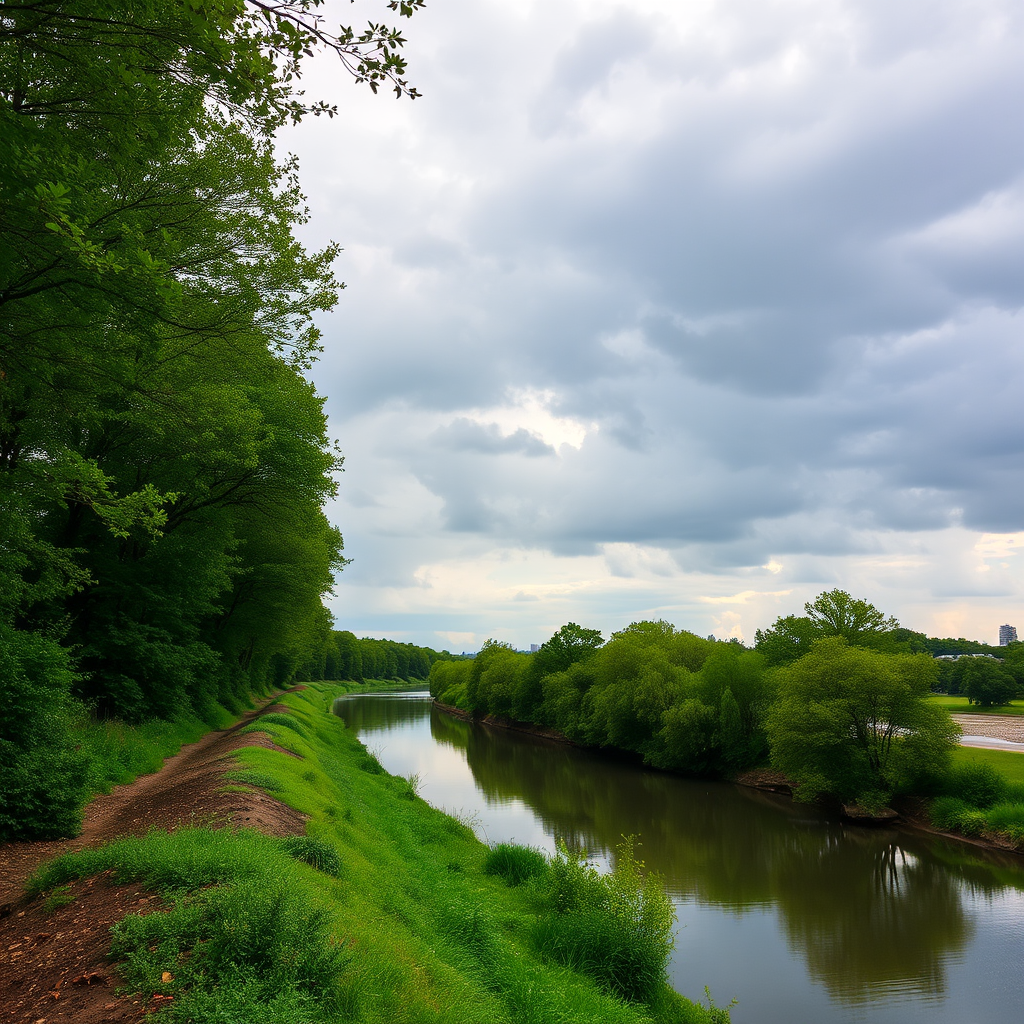A serene riverside landscape with lush greenery, trees lining the bank, a calm river reflecting the cloudy sky, captured with a DSLR camera at ISO 100, f/8 aperture, 1/200 sec shutter speed, using a wide-angle lens at 24mm for an expansive view and vibrant color enhancement.